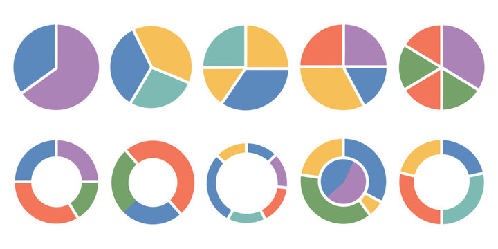Circle division infographic icon set featuring pie charts divided into, ring and donut diagrams, infographic wheel segments, fractions, and vector illustration