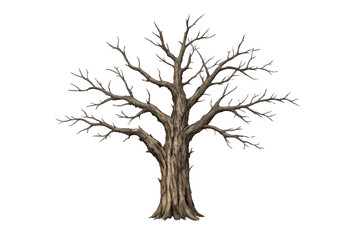Obraz premium Dead tree with gnarled trunk and bare branches, symbol of winter, isolation, and spooky desolation on transparent background