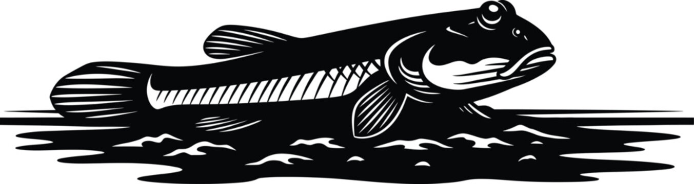Bold monochrome illustration of a mudskipper fish, embodying unique aquatic adaptation and primal determination, powerfully emerging from its muddy wetland, a symbol of natural resilience