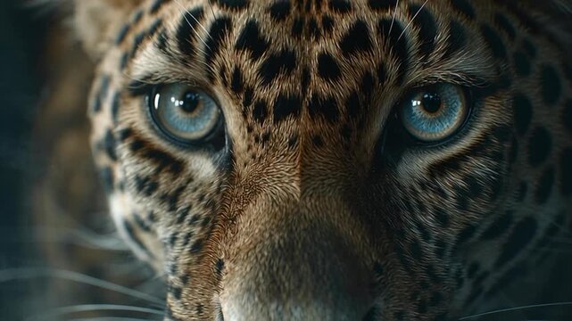 Close-up of a majestic leopards face showcasing its piercing blue eyes and intricate fur patterns in stunning detail.