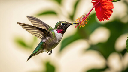 Fototapeta premium A vibrant hummingbird hovers mid-flight, sipping nectar from a bright red hibiscus flower, capturing the delicate beauty of nature.