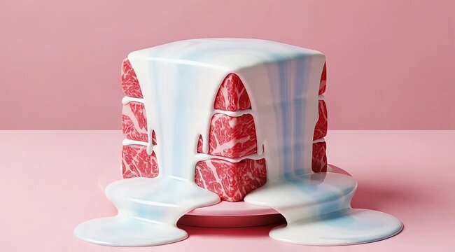 Raw Beef Steak Covered with Melting White Sauce, Creative Food Concept Art