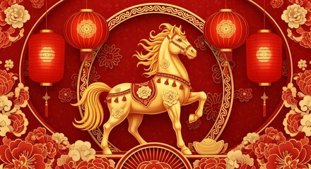Golden Horse Chinese New Year Illustration with Lanterns