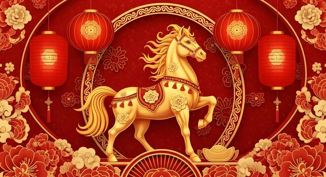 Golden Horse Chinese New Year Illustration with Lanterns