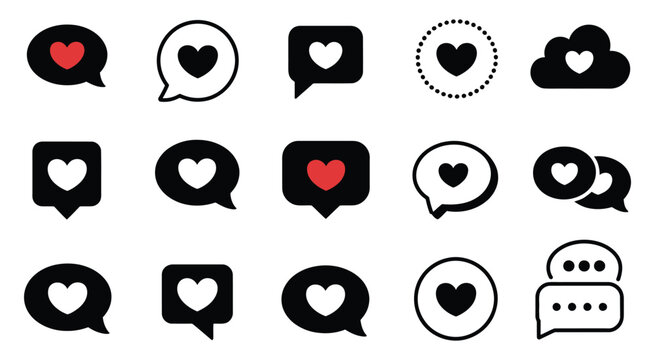 Collection of black and red heart icons inside speech bubbles, minimalist love and affection symbols for messaging interfaces