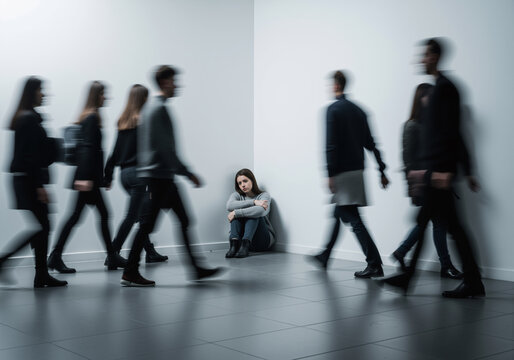 Depressed woman sitting alone in a corner as blurred people walk past, symbolizing isolation and mental health struggles.
