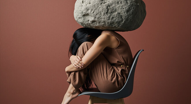Mental health concept of a stressed woman sitting with a heavy rock on her head, representing depression and anxiety.