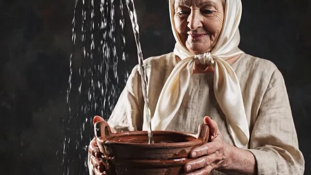 An elderly woman, headscarf-clad, smiles as she holds a clay pot being filled with water
