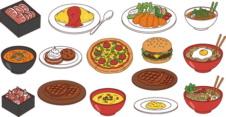 Hand drawn assorted food dishes icon set including pizza, ramen, burgers, desserts, soups, and traditional meals
