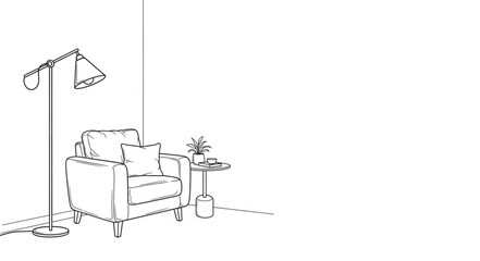 Sketch of a comfortable armchair next to a floor lamp and small table.