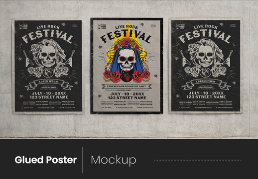 Glued Street Wall Posters Print Design Mockup  