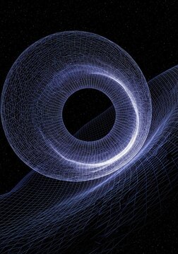 Abstract visualization of spacetime warping, illustrating the powerful fundamental force of gravity distorting the universal grid structure, attraction, dimension, gravity