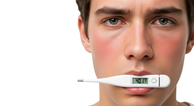 tight close-up of a young adult with a digital thermometer displaying 40.1&deg;c, showing flushed skin and sweat in clinical soft light against a white studio wall. concept of acute illness and health