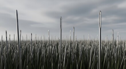 Field of Sewing Needles Standing Up, Conceptual Metallic Grass Landscape, Dangerous Terrain