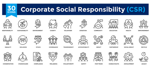 Fototapeta premium Corporate Social Responsibility (CSR) icon collection set. Containing responsibility, environment, community, conservation, impact, education, health, legacy icon. Line Icon Collection.
