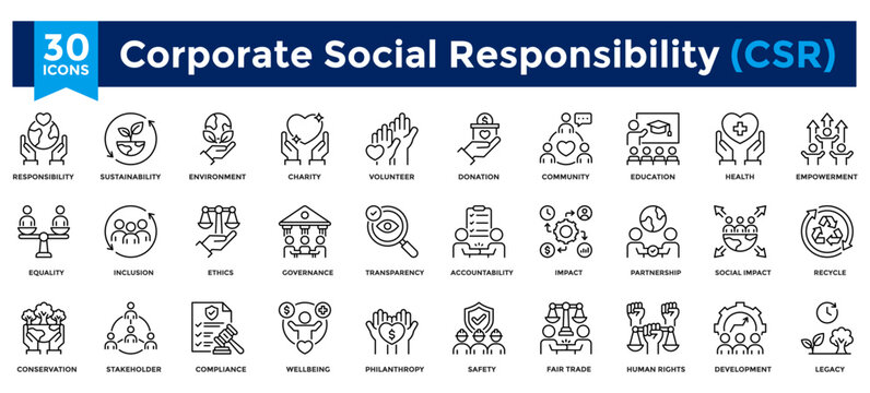 Corporate Social Responsibility (CSR) icon collection set. Containing responsibility, environment, community, conservation, impact, education, health, legacy icon. Line Icon Collection.