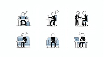 Navigating the Blended Realities of Digital Life Stick Figures Illustrating Diverse Technology Interactions, Remote Work, and Communication Challenges