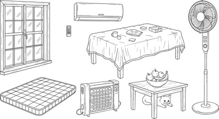 Fototapeta premium Home interior household furniture and appliance vector set featuring window, table, mattress, heater, fan and air conditioner