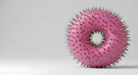 Surreal 3D Render of a Pink Frosted Donut with Sharp Metal Spikes, Dangerous Food Art with Bold Tactile Contrast
