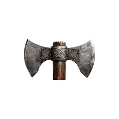 Double bladed battle axe with wooden handle vintage medieval weapon metal texture macro isolated on white background