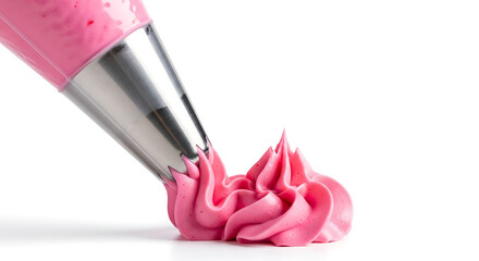 Pink Buttercream Frosting Being Piped with Metal Star Tip on White Background, Close Up