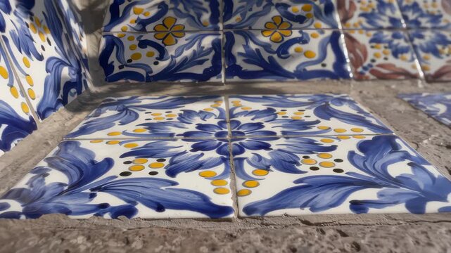 Camera Pans Across Bench With Traditional Spanish Tile Work Design