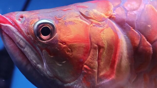 A majestic Super Red Arowana or Dragon Fish, swimming gracefully in a clean glass aquarium. Captured in a cinematic side-view, showcasing its vibrant colors and elegant swimming motion.
