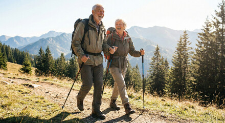 Pareja mayor feliz en sus 60 años haciendo senderismo en un camino de montaña en un día soleado.