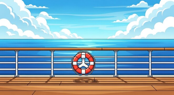 Ship deck with lifebuoy, ocean, and cloudy blue sky cartoon.