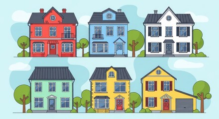 Fototapeta premium Six colorful cartoon suburban houses in a vibrant neighborhood