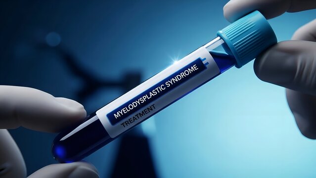 Hematology Diagnostic Sample: Hand holding a medical test tube for blood analysis in a clinical laboratory setting.