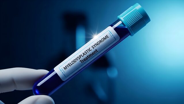 Medical Blood Test Tube: Close-up of a laboratory vial with a "Myelodysplastic Syndrome" label on a blue bokeh background.