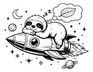 Obraz premium Hand drawn line art illustration of a cute sloth sleeping on a rocket depicting a space dream for kids' designs