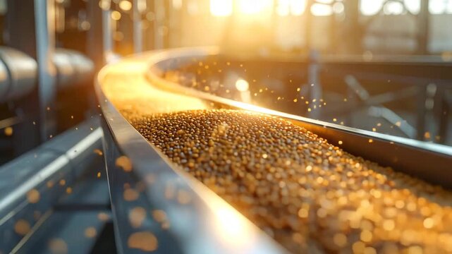 Automated Production Line: Industrial machinery efficiently transports and processes raw materials, highlighting the seamless operation of a modern manufacturing environment. 