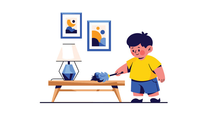 Independent little boy dusting furniture in the living room, modern flat vector promoting good habits and clean home lifestyle