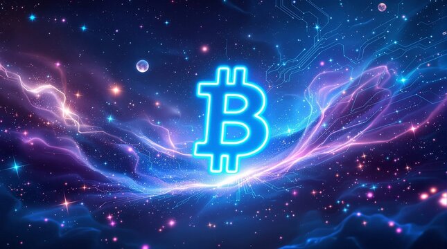 Glowing blue bitcoin sign floating in deep space galaxy with nebulas stars and cosmic clouds