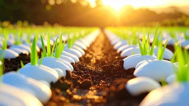 Agricultural Harmony: A close-up view unveils a meticulous agricultural scene, where young, vibrant sprouts emerge from the soil. The image is bathed in golden light.