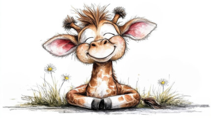 Cute baby giraffe with closed eyes smiling happily sitting with flowers and grass in watercolor style illustration