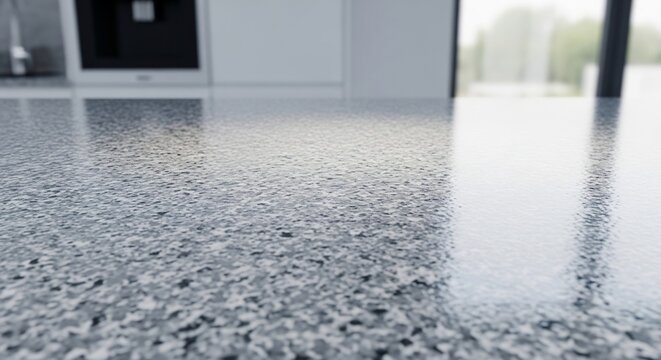 Closeup of a polished concrete countertop in a modern kitchen showcasing texture and reflection.