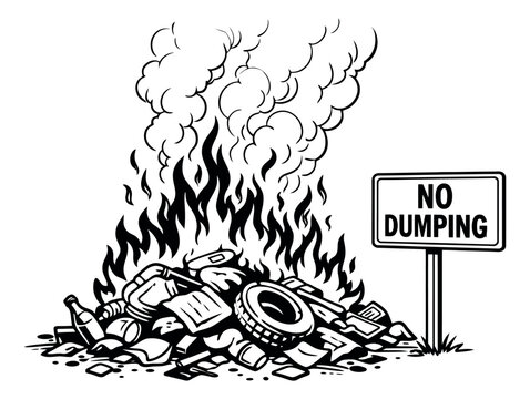 Hand drawn line art illustration of burning trash and a no dumping sign depicting illegal dumping and pollution for environmental awareness
