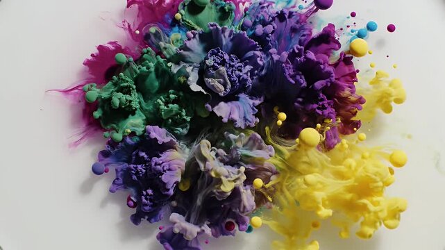 Vibrant Cyan Magenta Yellow Ink Drops Exploding in Water Creating Abstract Organic Forms in Studio Lighting