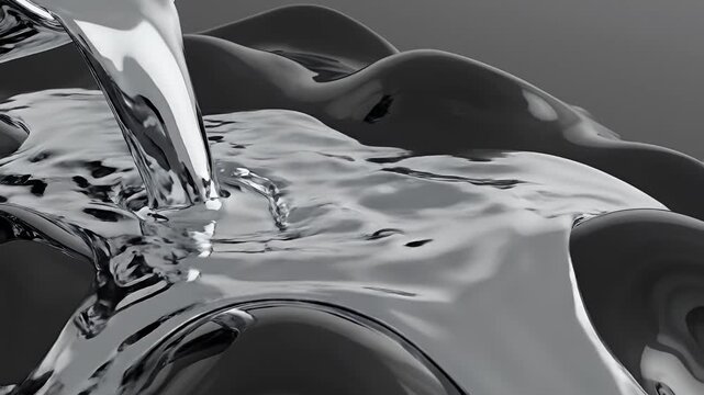 Close up of chrome liquid pouring onto a dark wavy surface with reflections and highlights studio lighting