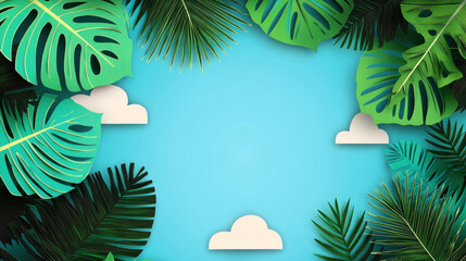Paper cut style tropical leaves floating in bright sky summer ease and calm mood with white clouds