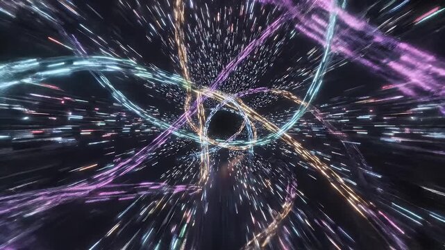 Abstract Swirling Light Trails Motion Background With Bokeh Effect And Digital Glitch Patterns In A Dark Cosmic