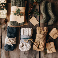 Warm knitted socks and gifts arranged on rustic table