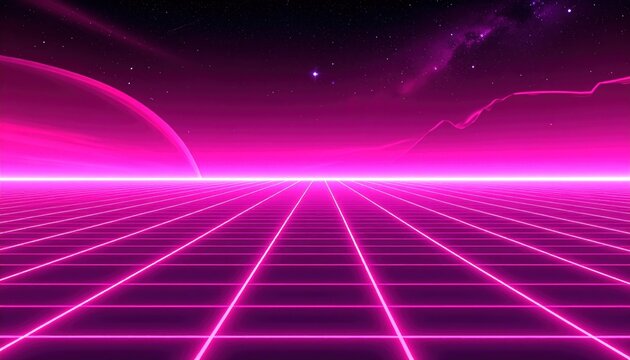 Retro Futuristic Neon Grid Landscape Background.