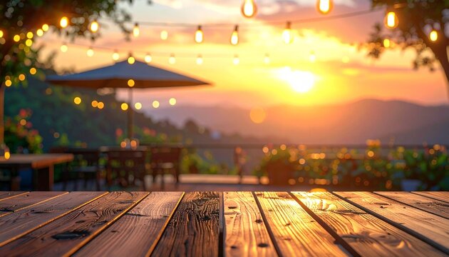 Wooden table with a beautiful sunset view, perfect for outdoor dining and relaxation.