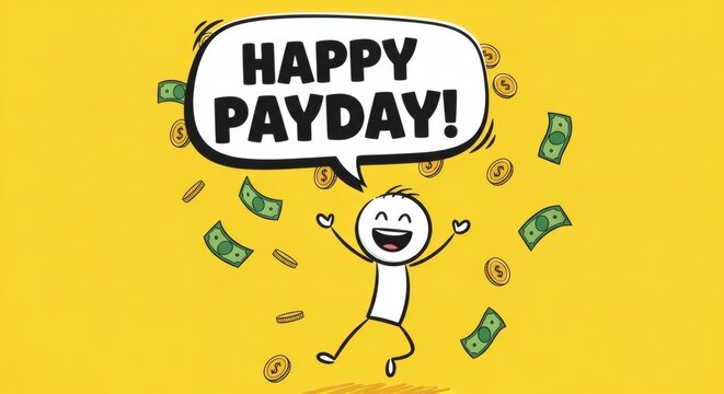 Excited stick figure jumps for joy with money raining down, celebrating a happy payday and financial success