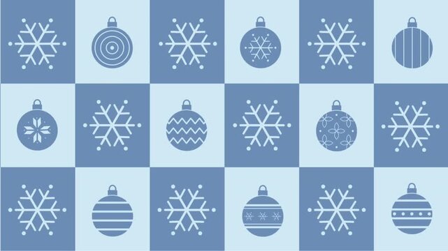 Christmas Square Pattern. Animation with Winter Elements. Abstract Moving Loop Background. Banner. Christmas Ornaments, Snowflakes. Video in Blue