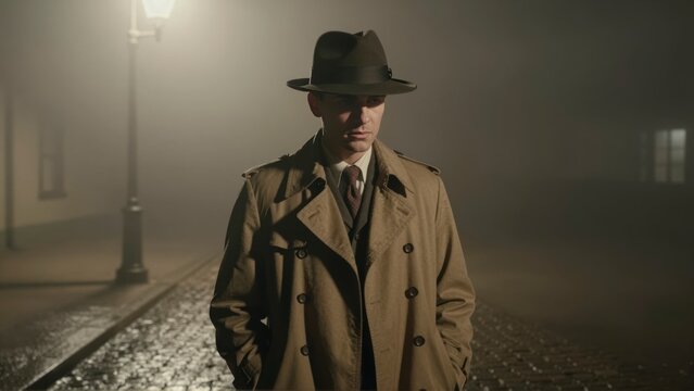 A man in a trench coat and fedora hat stands on a foggy street at night